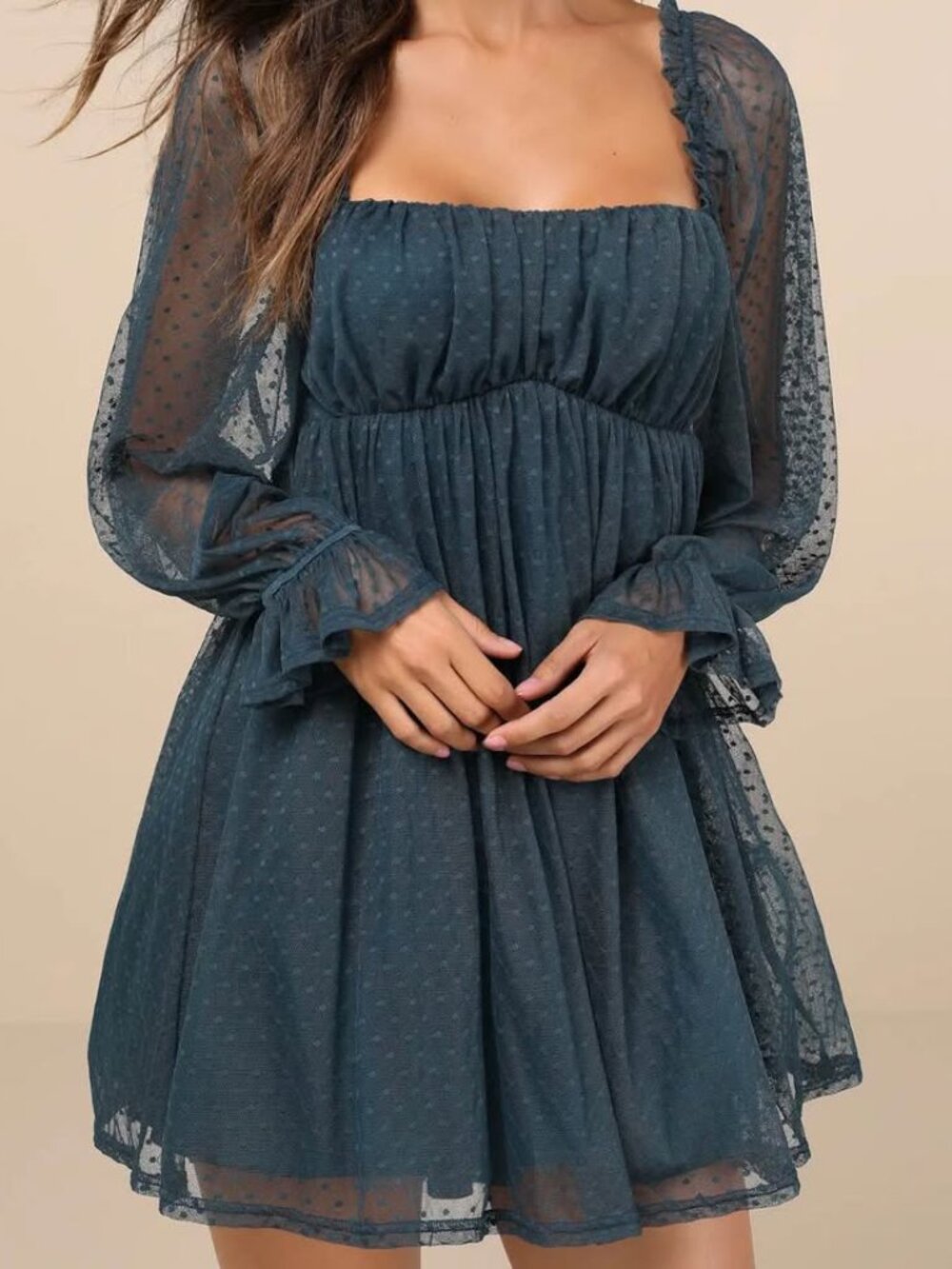 Lulu’s Blue Swiss Dot Mesh Sleeve Babydoll Mini Dress XXL